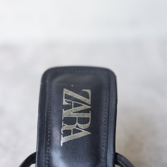Zara 38 Heeled Leather Square Toe Sandals Black - Picture 2 of 5